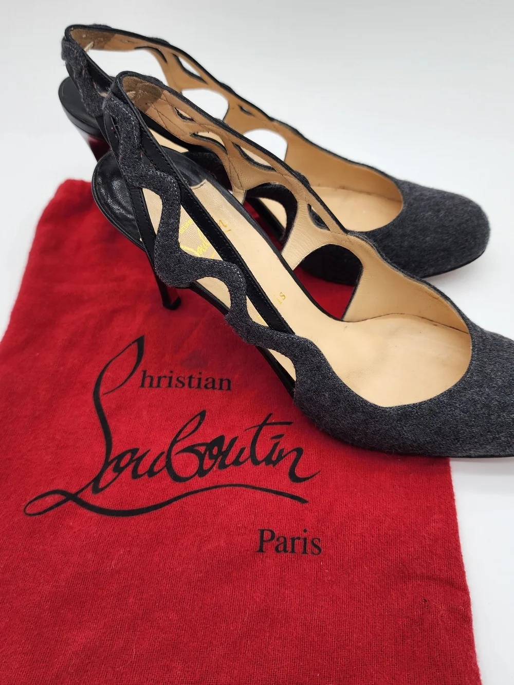Vintage Christian Louboutin Dark Grey Flannel Cutout Slingback Heels Size EU 40